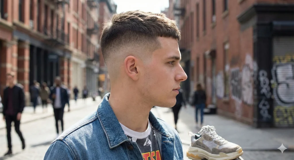 Side profile of a man with a high taper fade, showing a higher blend point for a bolder look.