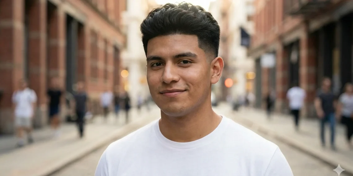 Handsome Hispanic man with a clean low taper fade haircut and textured top, standing in a modern city setting.
