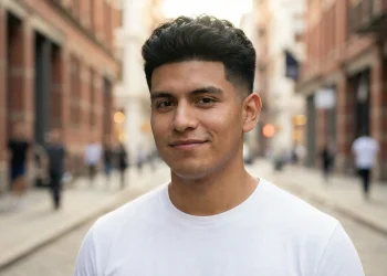 Handsome Hispanic man with a clean low taper fade haircut and textured top, standing in a modern city setting.