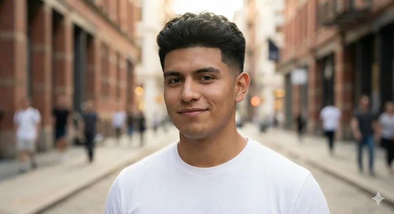 Handsome Hispanic man with a clean low taper fade haircut and textured top, standing in a modern city setting.