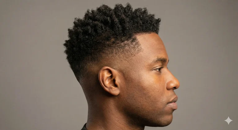 Side profile of a Black man with a low fade haircut, showing a clean blend from skin to short natural curls on top.