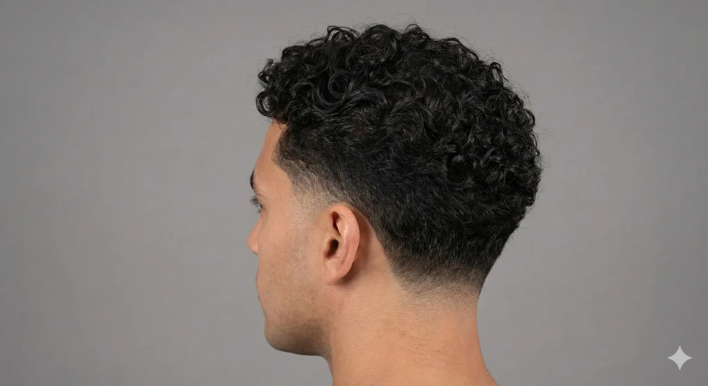 Close-up side view of a low fade curly hair haircut starting just above the ear and blending into curls on top