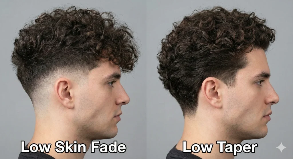 Side-by-side comparison showing the difference between a sharp low skin fade and a soft low taper fade on curly hair.