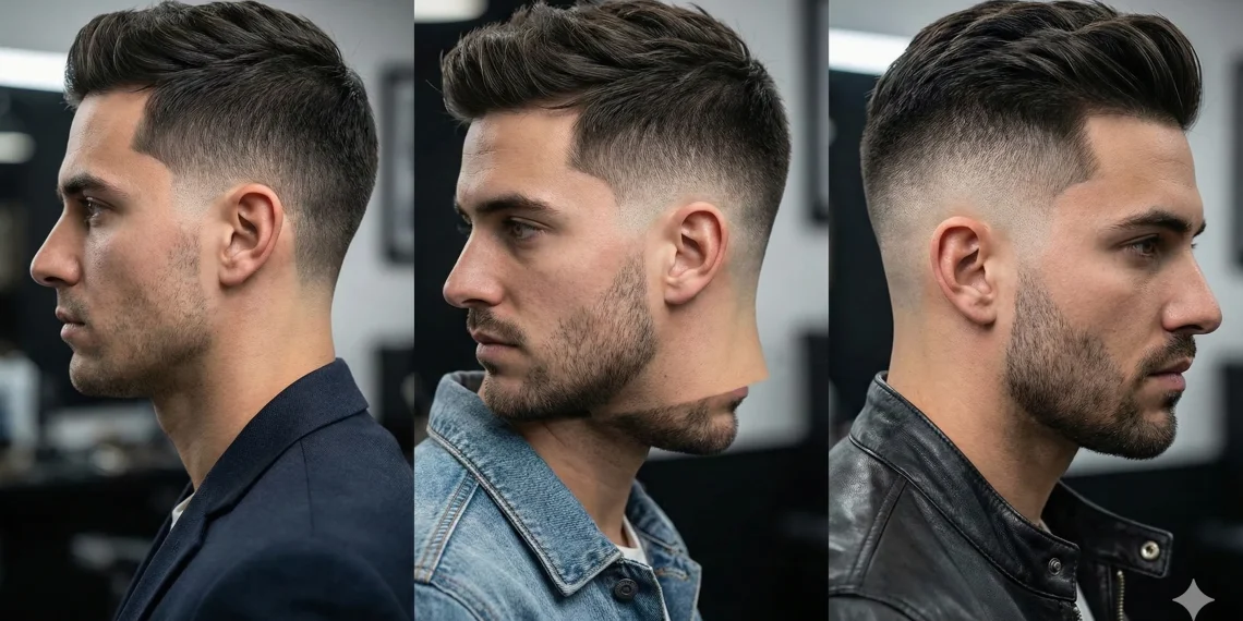 Side-by-side comparison showing the difference between a low, mid, and high taper fade haircut on three different men."