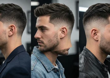 Side-by-side comparison showing the difference between a low, mid, and high taper fade haircut on three different men."