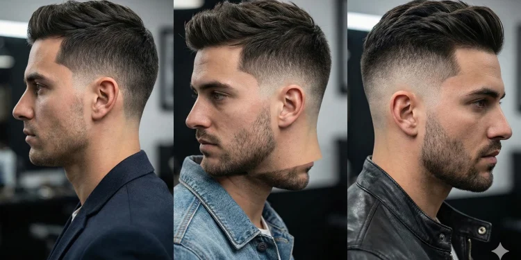 Side-by-side comparison showing the difference between a low, mid, and high taper fade haircut on three different men."