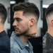 Side-by-side comparison showing the difference between a low, mid, and high taper fade haircut on three different men."