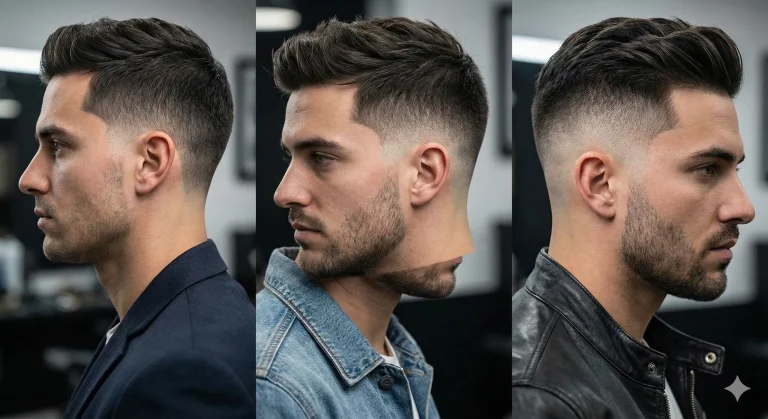 Side-by-side comparison showing the difference between a low, mid, and high taper fade haircut on three different men."