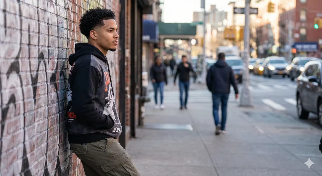 Man with thick curly hair sporting a sharp low skin fade with high contrast edges.