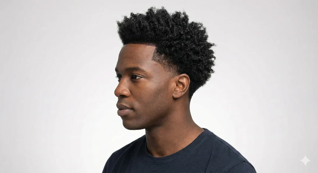 Black man with 3C coily hair featuring a clean low taper fade that keeps edges neat and curls defined.