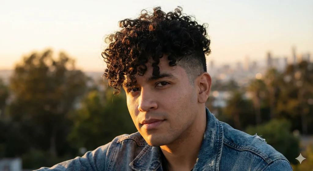 Latino man with natural curly hair volume on top and a neat low taper fade on the sides.