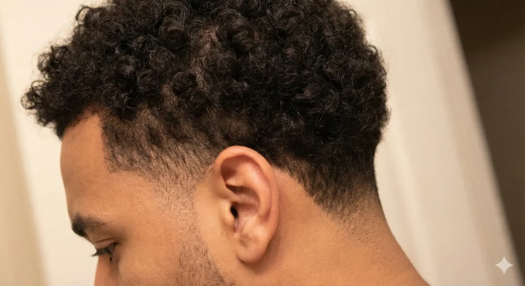 Detail shot of a low taper fade curly hair showing a soft and natural blend around the ear and neckline