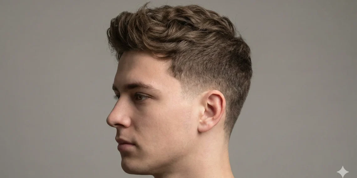 Side profile of a young man with a clean low taper fade haircut and textured medium-length hair on top.