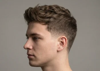 Side profile of a young man with a clean low taper fade haircut and textured medium-length hair on top.