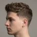 Side profile of a young man with a clean low taper fade haircut and textured medium-length hair on top.