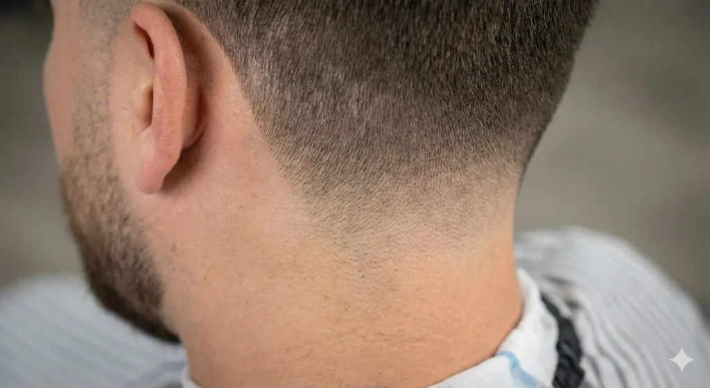 Close-up detail of a low taper fade showing the smooth gradient transition around the ear and neckline.