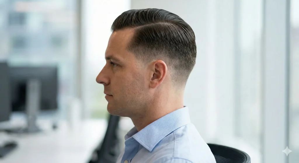 "Side profile of a man with a low taper fade haircut, featuring a clean neckline and subtle blend suitable for office work."