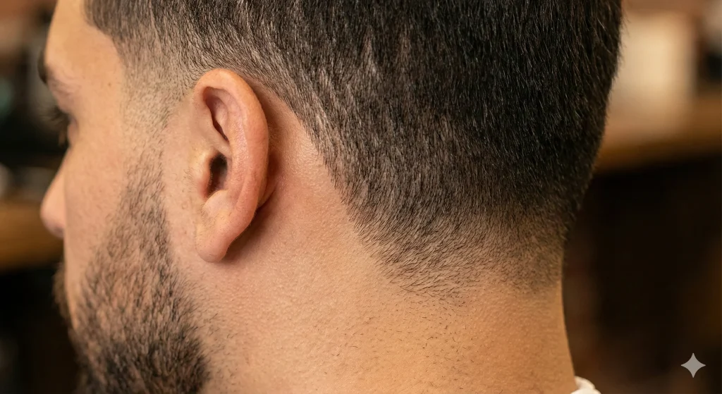 Close-up of a low taper fade starting near the ear, showing a subtle blend into the neckline.