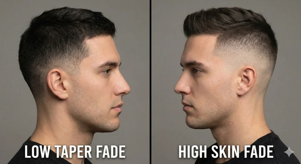 Side-by-side comparison showing the difference between a low taper fade and a high skin fade on men.
