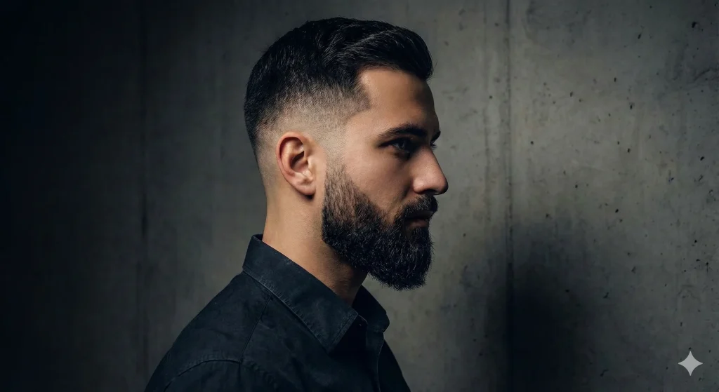 Side view of a low taper fade haircut blending seamlessly into a groomed beard.