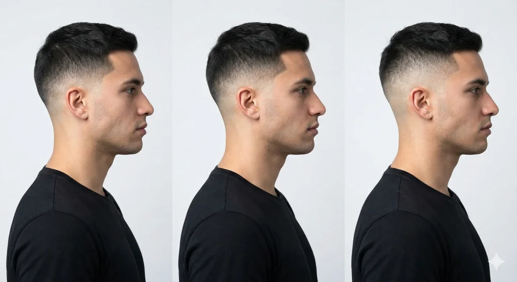 A side-by-side comparison diagram showing the difference between a low fade, mid fade, and high fade haircut on a male model.
