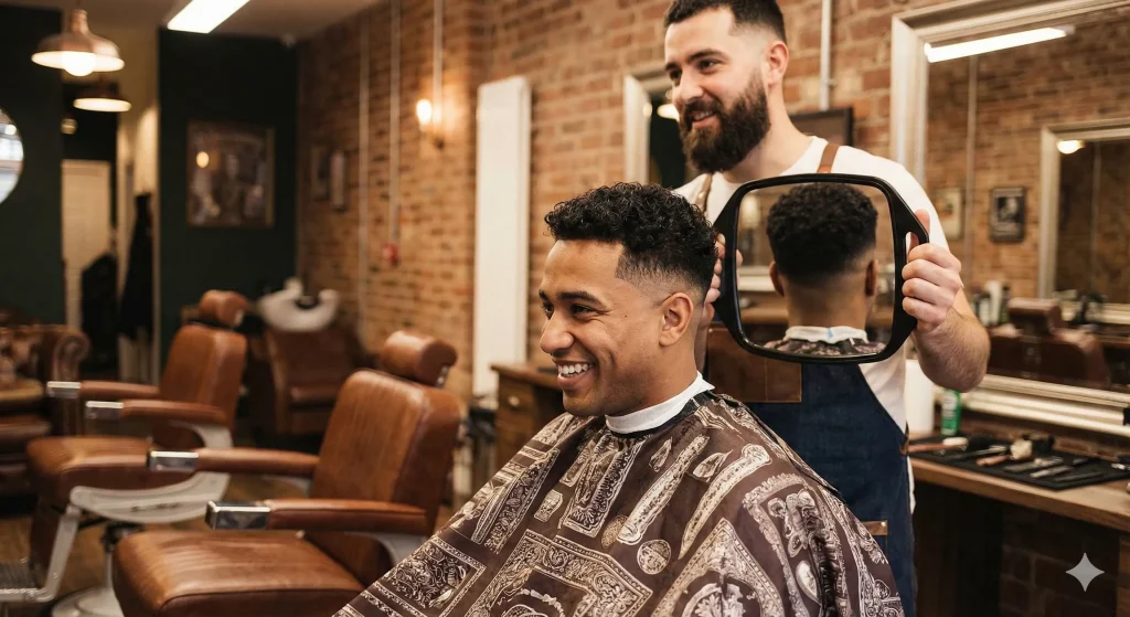 Smiling man looking in a handheld mirror at his fresh curly low fade haircut in a barbershop.