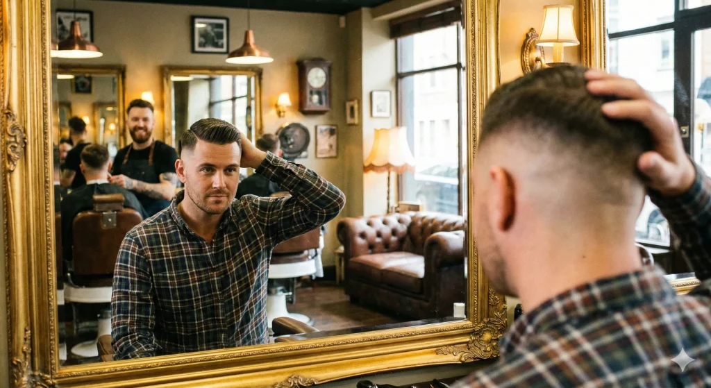 A satisfied client smiling and looking in the mirror to inspect his fresh fade haircut after leaving the barber chair.