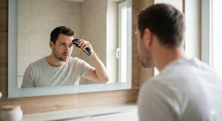 Man holding hair clippers looking in the bathroom mirror, preparing to cut his own hair at home.
