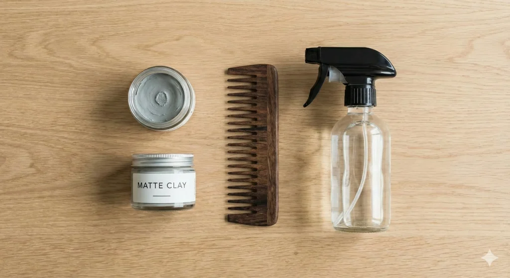 Flat lay of men's hair styling essentials including matte clay, pomade, and a texture comb.