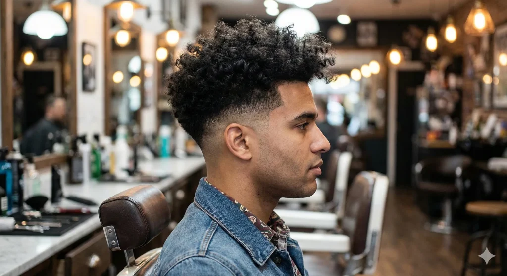 Side profile view of a man with thick curly hair featuring a sharp, clean mid-fade haircut that blends into the curls.