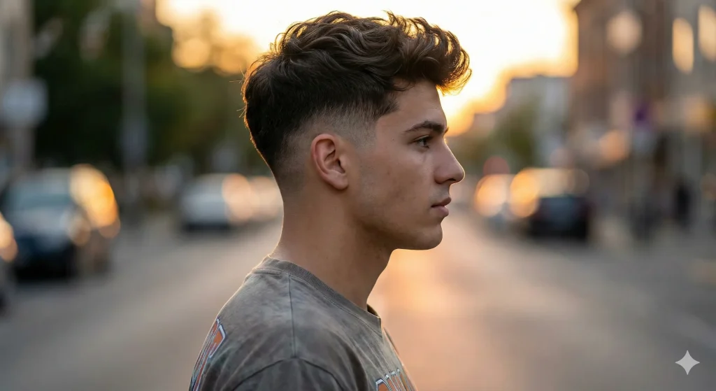 "Man with a mid taper fade and wavy hair, showing a balanced fade starting at the temple level."