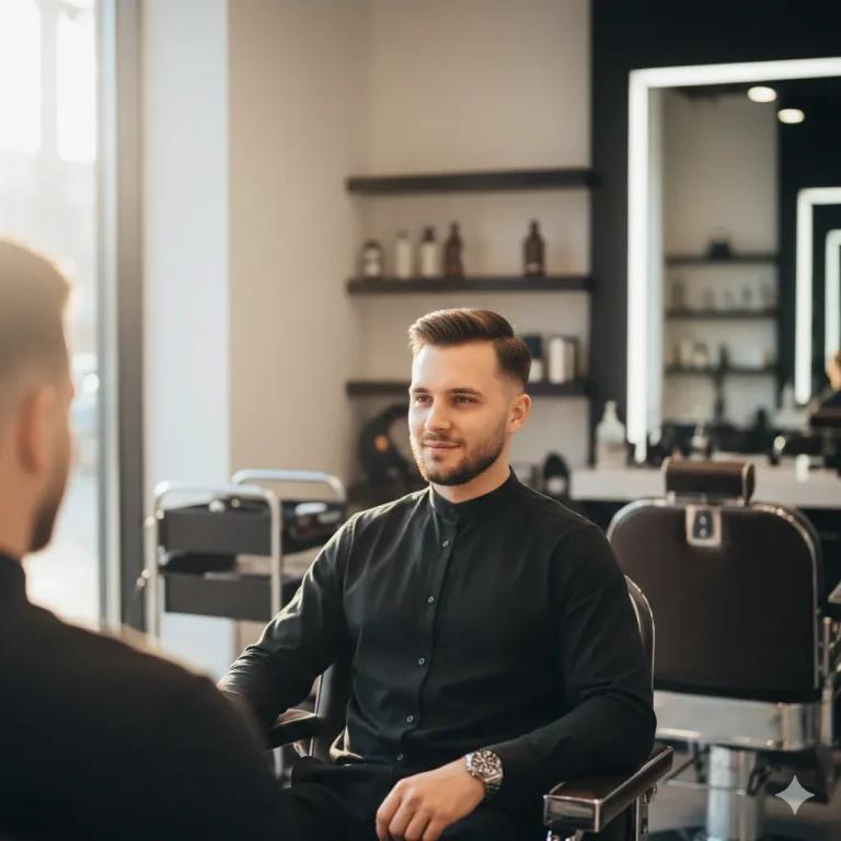 A man with a clean, natural haircut sitting in a modern barbershop looking in the mirror.