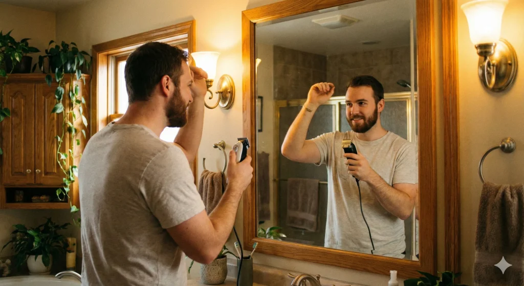 A beginner standing in front of a bathroom mirror practicing the correct hair clipper grip and wrist movement without cutting hair.
