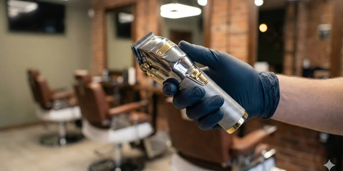 A close-up of a professional barber's hand holding hair clippers with a relaxed and correct grip in a modern barbershop setting.