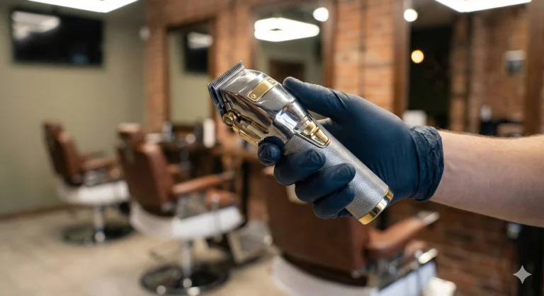 A close-up of a professional barber's hand holding hair clippers with a relaxed and correct grip in a modern barbershop setting.