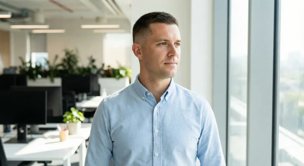 Man with a short crew cut and low taper fade suitable for office and professional settings.