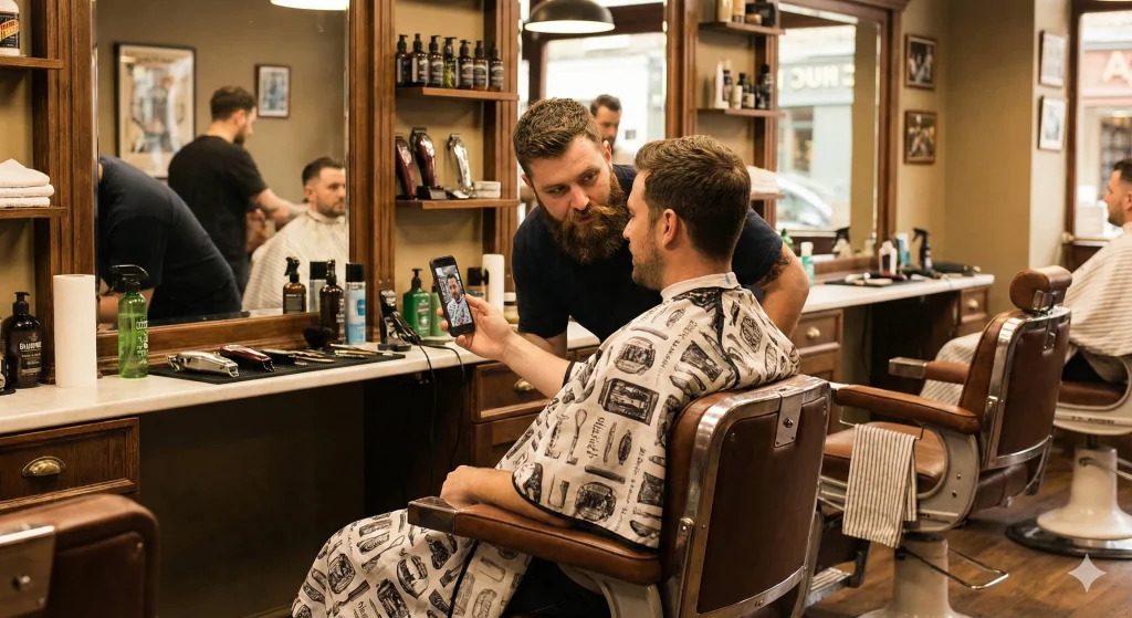 Client in a barbershop showing a reference photo of a low taper fade on a smartphone to the barber.