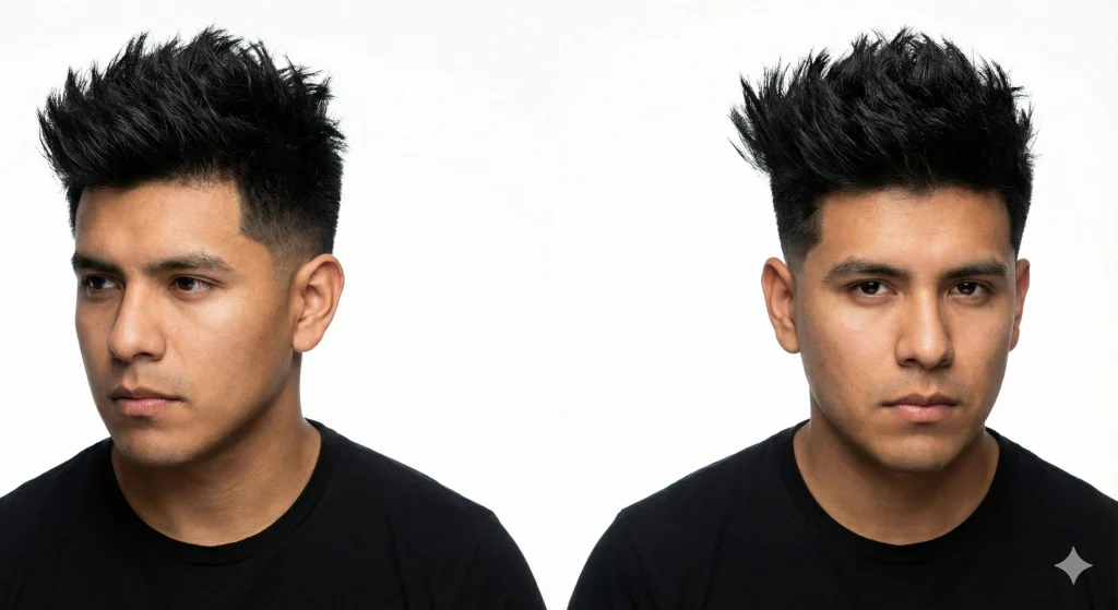 Hispanic man with thick straight hair styled up, featuring a sharp low taper fade.