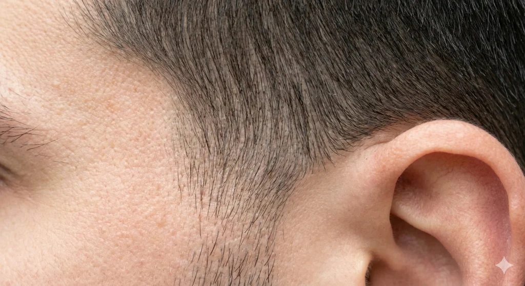 "Extreme close-up of a taper fade hairline showing the smooth gradient transition from skin to longer hair."