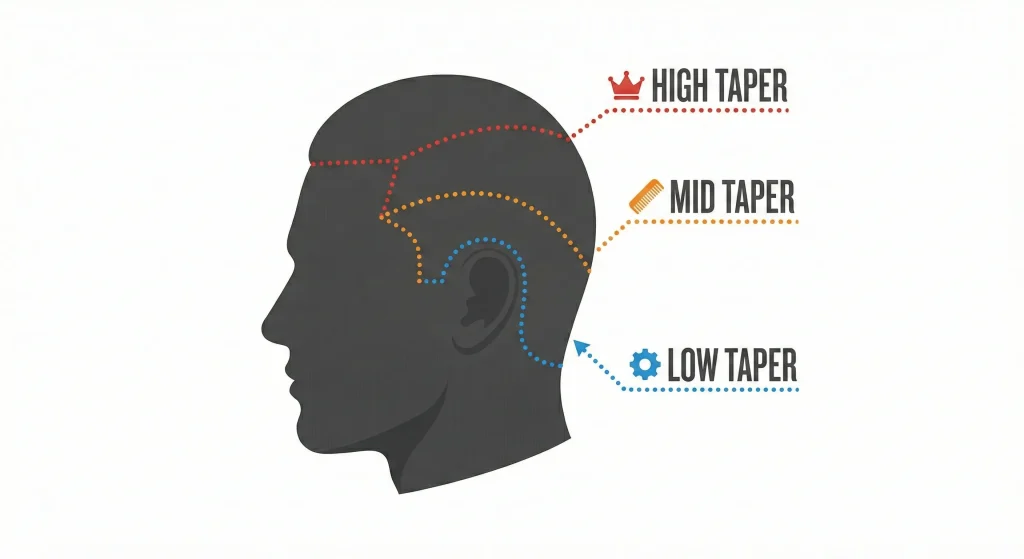 "Diagram illustrating the specific starting points on the head for low, mid, and high taper fades."