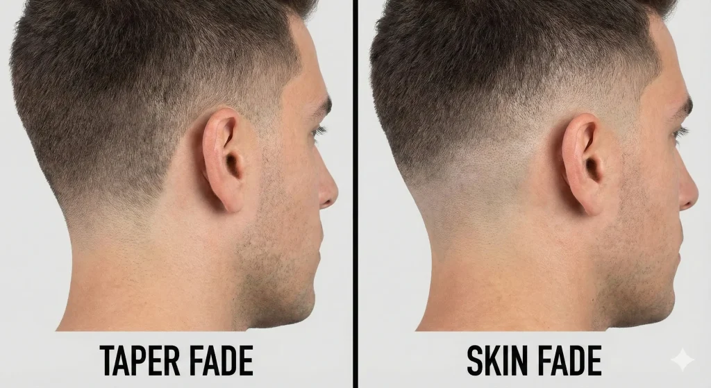 Side-by-side comparison showing the difference between a natural taper fade and a sharp skin fade.