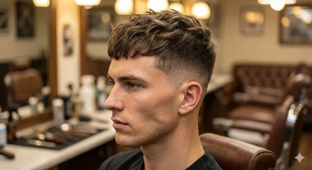 Side profile of a textured French crop haircut with a low fade, suitable for men with diamond face shapes.