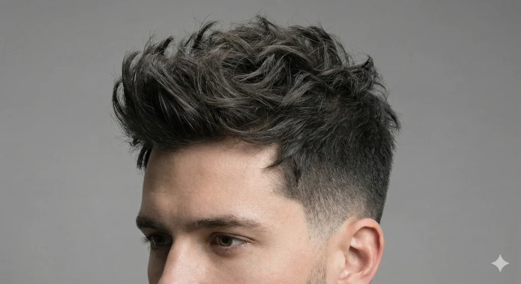 Modern men's messy textured hairstyle with a subtle low taper fade.