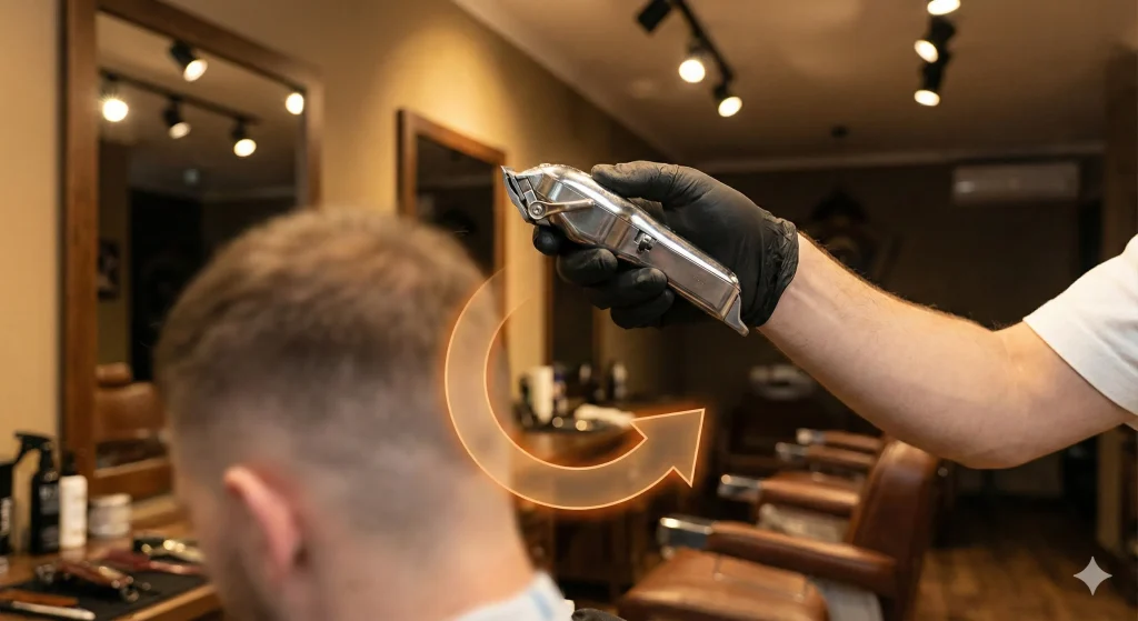 A barber performing the "flick-out" or "C-motion" wrist technique to blend a fade haircut smoothly without creating harsh lines.