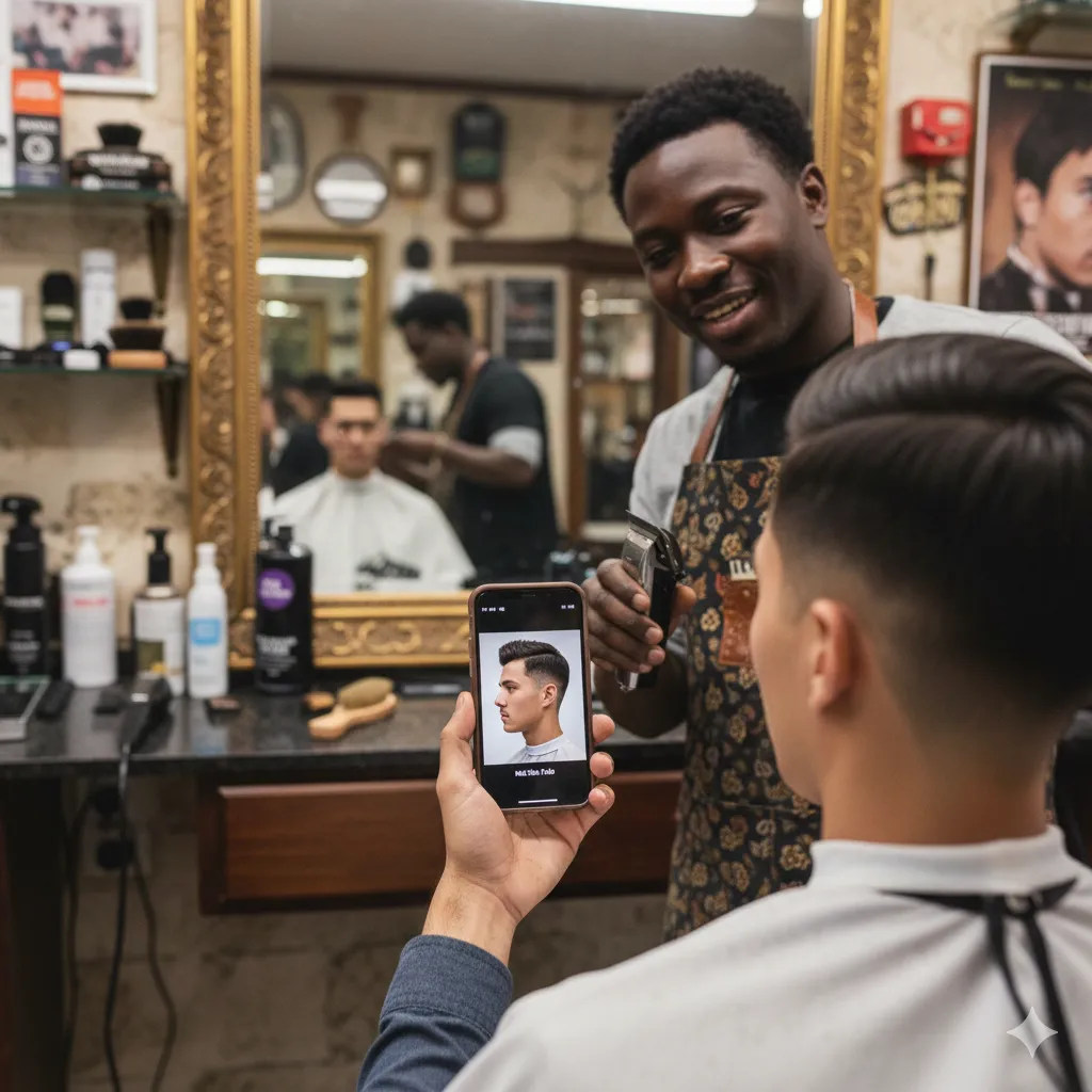 A customer showing a fade haircut photo on a smartphone to a barber during a consultation in a barbershop.