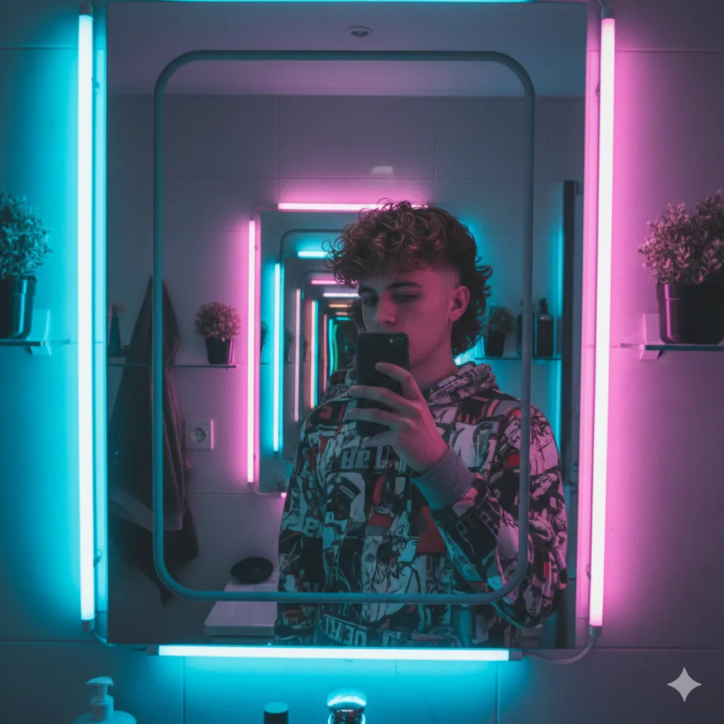 A young man with a curly burst fade mullet taking a mirror selfie in a room with neon LED lighting.