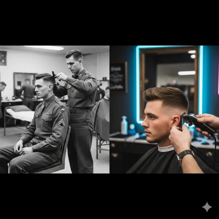 A split-screen comparison showing a vintage 1940s soldier getting a military cut on the left and a modern man with a sharp skin fade on the right.