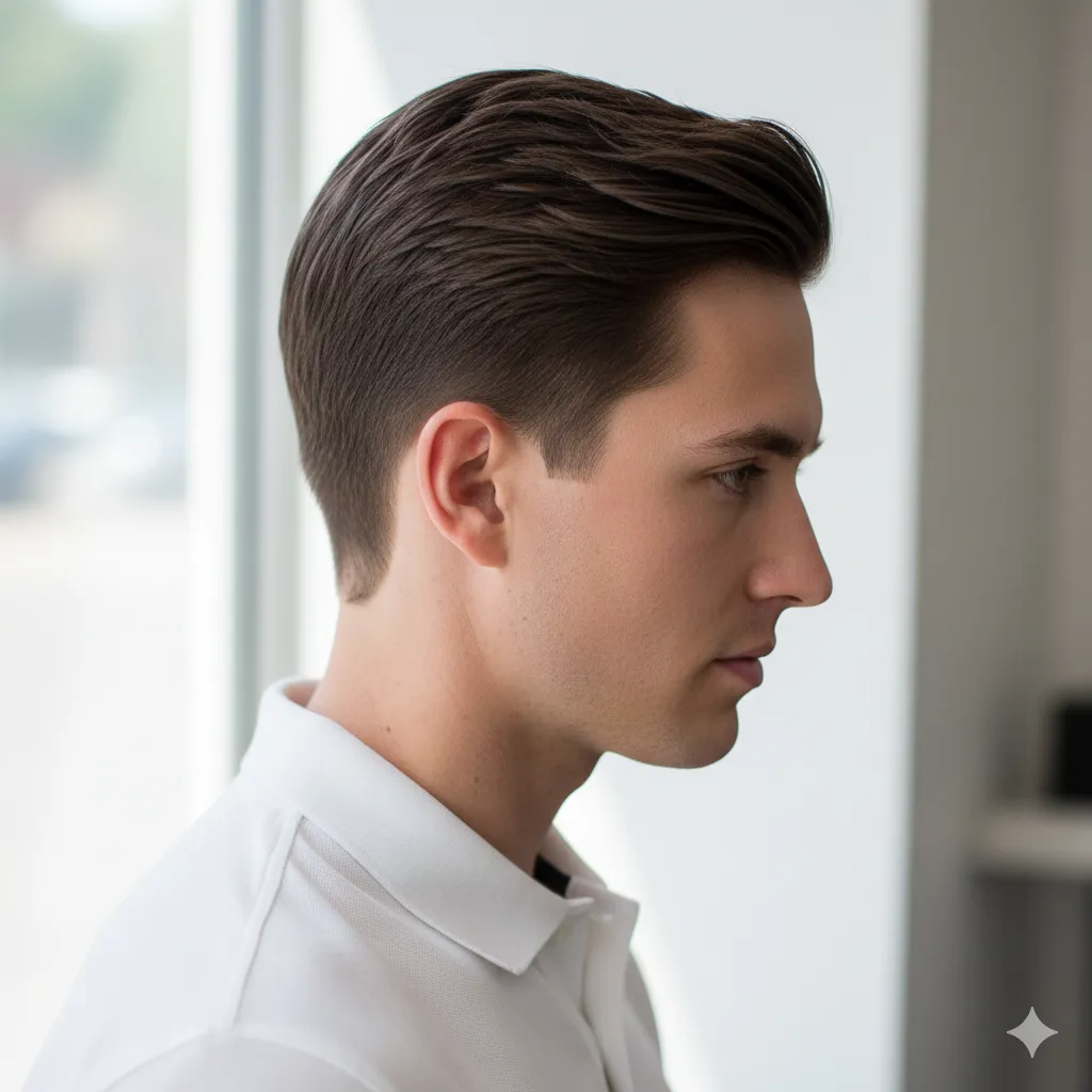 Close-up of a professional low taper fade on straight hair, showing a seamless blend behind the ear.