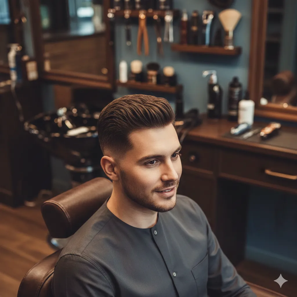 Side profile of a man receiving a sharp razor fade in a modern barbershop with warm lighting.