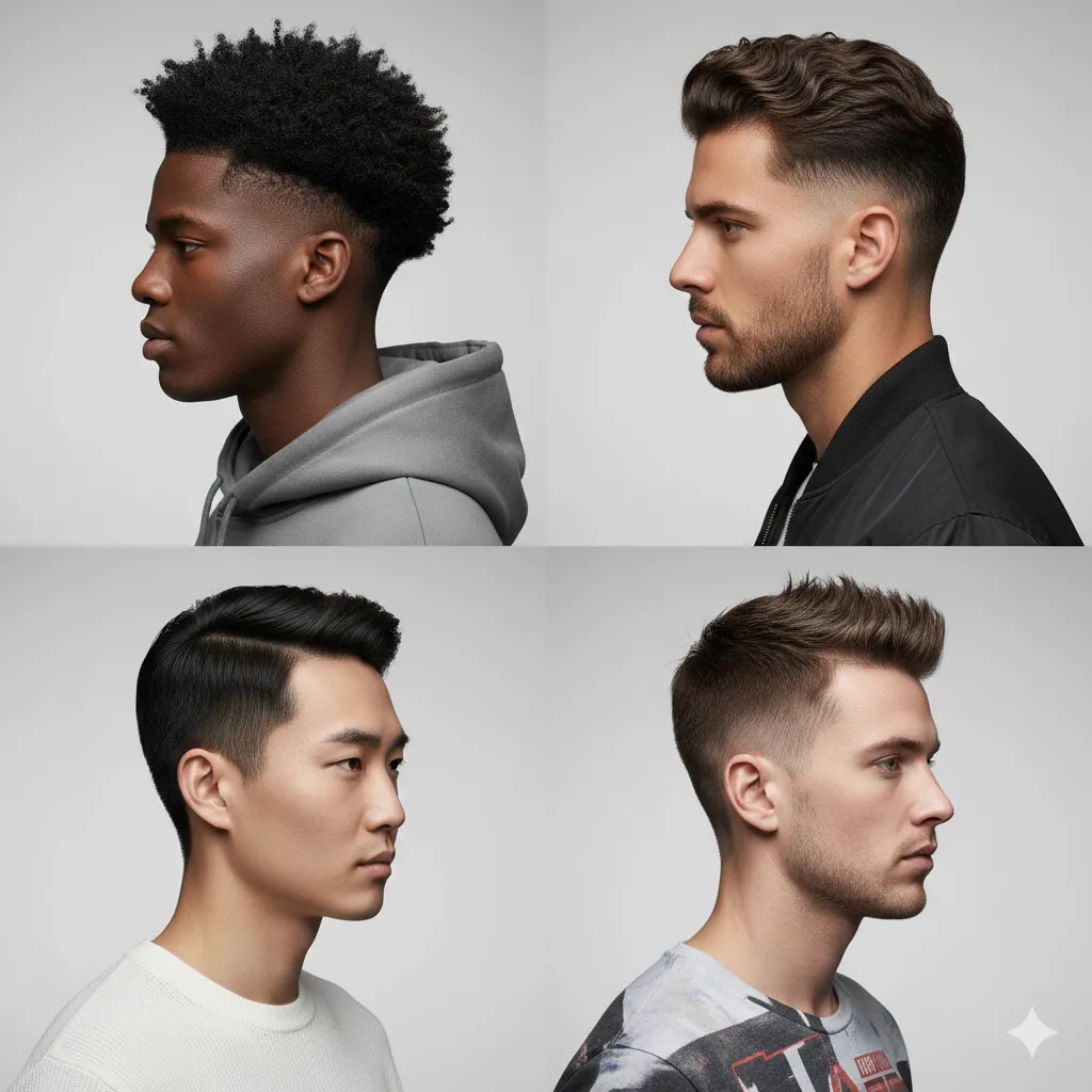 A grid of four men showcasing different 2026 fade trends, including burst, drop, and low taper fades.